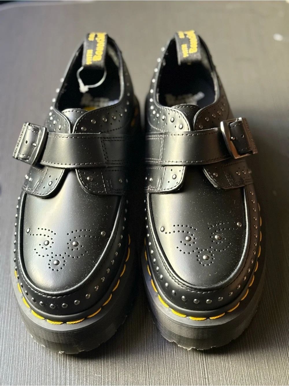 Dr. Martens Black Leather Monk Strap Platform Loafers with Yellow Stitching